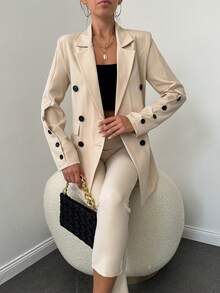 Elegant Double-Breasted Notched Lapel Long Sleeve Blazer And Straight Leg Pants Suit - Beige - View 5