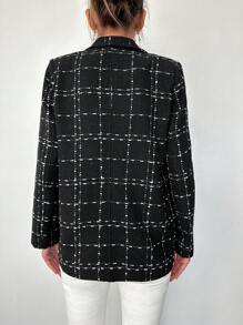 EURMUSE Plaid Pattern Lapel Neck Double Breasted Blazer - Black and White - View 2