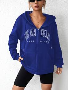 SHEIN EZwear Letter Graphic Zip Up Drop Shoulder Drawstring Hoodie - Royal Blue - View 6