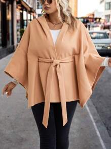 SHEIN LUNE 大碼斗篷袖連帽腰帶斗篷外套 - 卡其色 - 查看 3