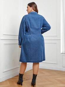 SHEIN Privé Plus Button Front Fold Pleated Detail Denim Dress - Medium Wash - View 2