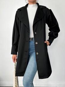 EURMUSE Lapel Neck Single Breasted Trench Coat - Black - View 1