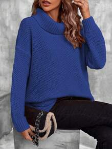 SHEIN LUNE 高领落肩针织衫，长袖套头衫，秋冬毛衣 - 寶藍色 - 查看 4