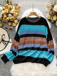 SHEIN LUNE Plus Color Block Drop Shoulder Sweater - Multicolor - View 1