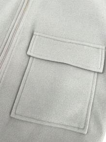 SHEIN Unity 翻蓋口袋拉鏈開襟短款花呢外套 - 淺灰色 - 查看 3