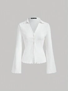 SHEIN MOD Lettuce Trim Button Front Tee - White - View 1
