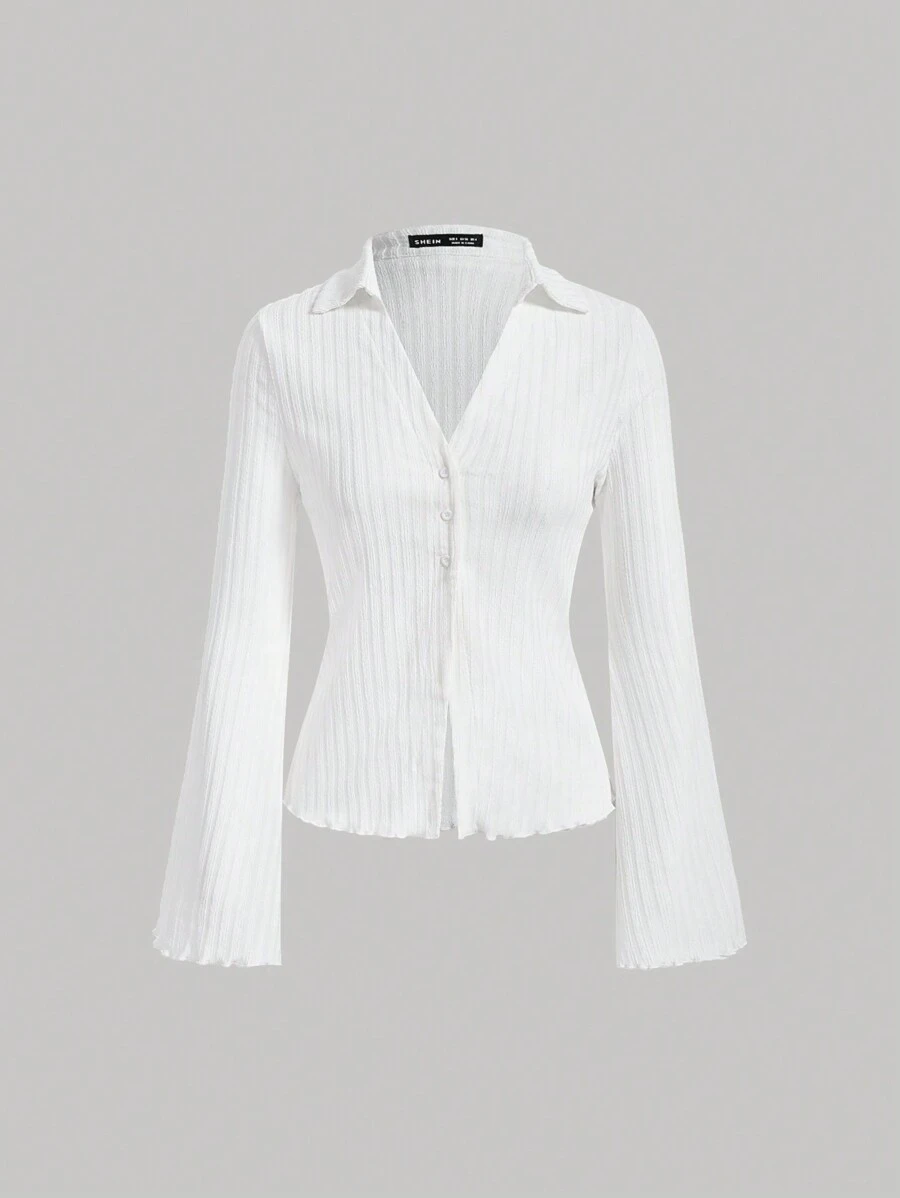 SHEIN MOD Lettuce Trim Button Front Tee - White - View 1