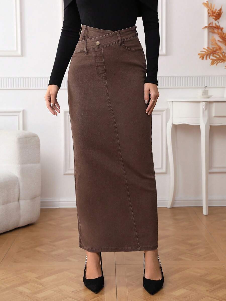 SHEIN Privé NỮ Denim Chân váy - màu nâu - Xem 1