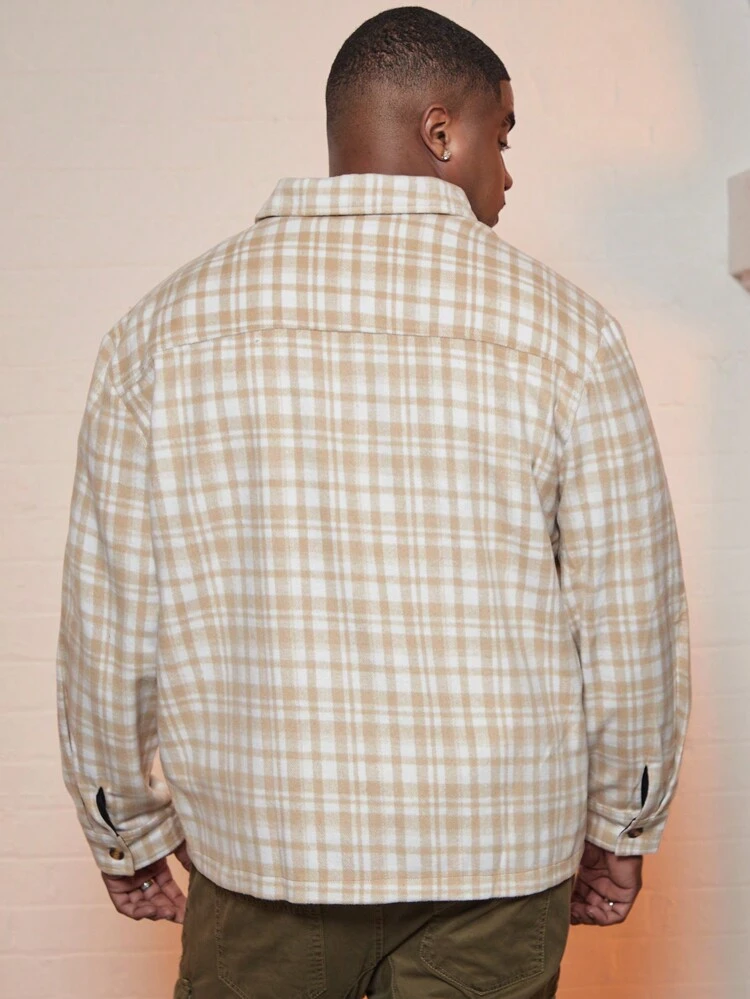 Men Plus Plaid Print Flap Pocket Shacket