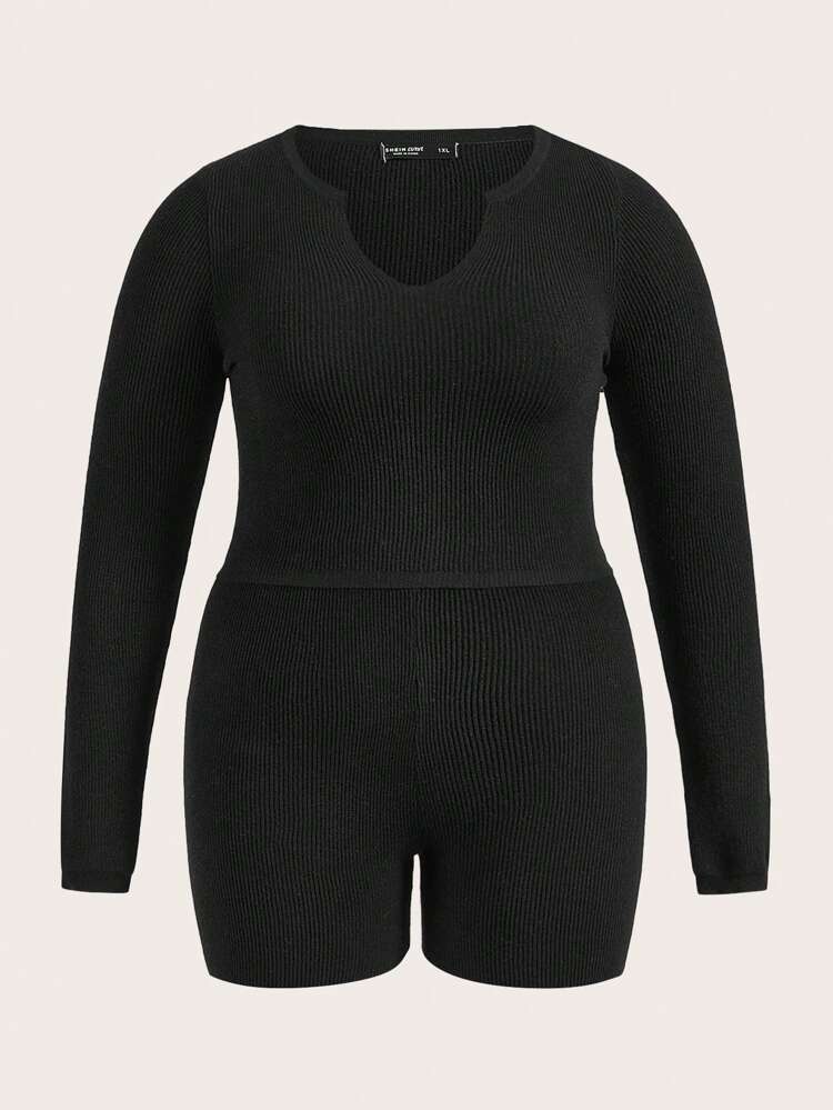 Plus Notched Neck Sweater & Knit Shorts
