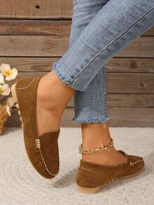 韓語女性2021春天/秋天平底樂福鞋,圓頭一腳蹬鞋,麝皮鞋適合女士和孕婦,一腳,大尺寸鞋,女士們休閒和方便鞋 - 棕色 - 查看 3