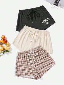 SHEIN 3入組字母圖案前打結格紋印花短褲 - 彩色 - 查看 1
