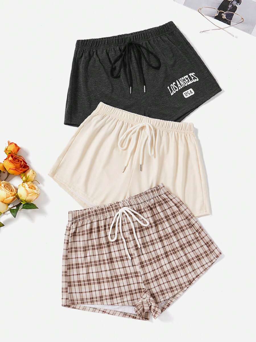 SHEIN 3入組字母圖案前打結格紋印花短褲 - 彩色 - 查看 1