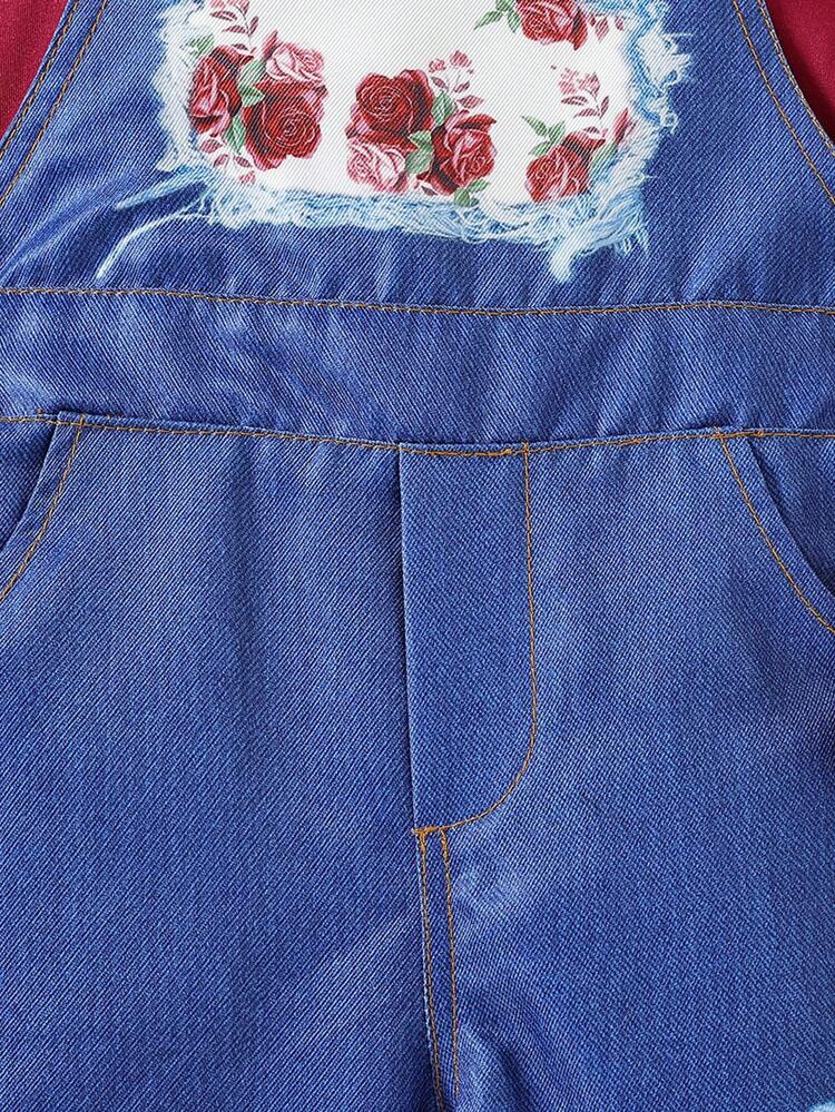 Young Girl Casual Ruffle Trim Tee & Floral Print Overalls