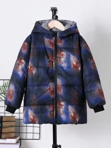 SHEIN Tween Boy 图案印花拉链连帽夹棉大衣 - 黑色 - 查看 8