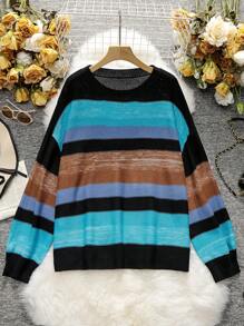 SHEIN LUNE Plus Color Block Drop Shoulder Sweater - Multicolor - View 5