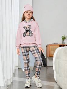 SHEIN Cô gái Tween Gấu Thêu Thả vai Hoodie & Kẻ sọc Xà cạp - Màu Hồng baby - Xem 3