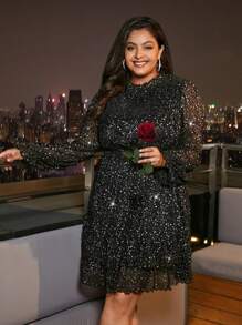 SHEIN Frenchy Plus Keyhole Back Sheer Sleeve Dress - Black - View 3