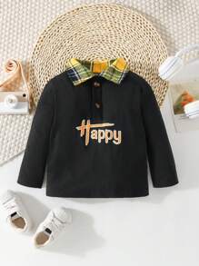 SHEIN 男嬰字母圖案拼接領POLO衫 - 黑色 - 查看 1