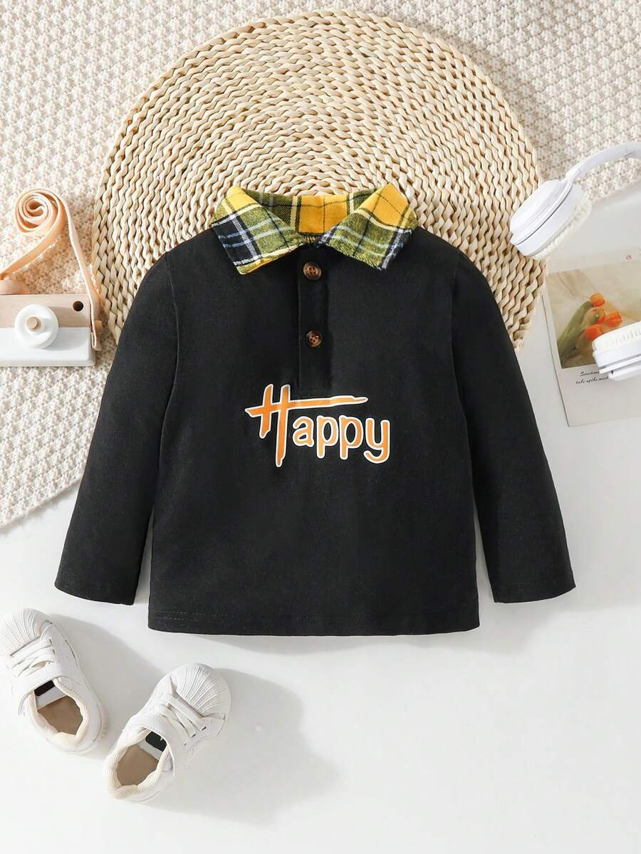 SHEIN 男嬰字母圖案拼接領POLO衫 - 黑色 - 查看 1