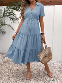 SHEIN Maternity Button Front Ruffle Hem Belted Shirt Dress
