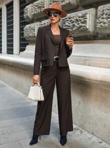 EURMUSE Solid Double Button Blazer - Brown - View 3