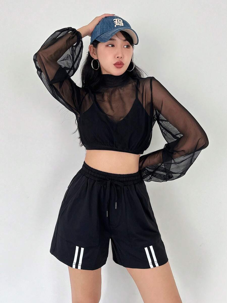 SHEINNeu Mock Neck Crop Mesh Top & Striped Tape Shorts - Black - View 1