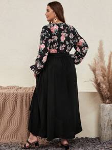 SHEIN VCAY 大碼印花燈籠袖繫腰帶洋裝 - 彩色 - 查看 4