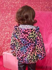 Baby Girl Leopard Pattern Hooded Teddy Jacket - Multicolor - View 2