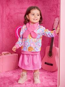 Baby Mädchen T-Shirt mit Stehkragen, Rock und Schal mit Cartoon Grafik