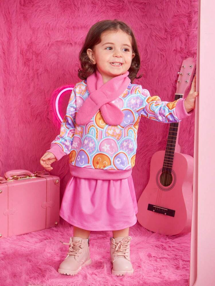 Baby Girl Cartoon Graphic Mock Neck Tee & Skirt & Scarf