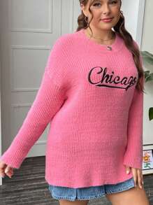 SHEIN EZwear Plus Pull Motif Lettre Épaule tombante - Rose bonbon - Voir 6
