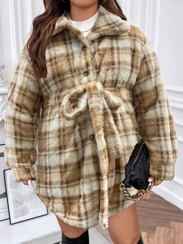 Plus Plaid Pattern Belted Teddy Coat