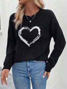 SHEIN LUNE 愛心圖案落肩袖套頭毛衣 - 黑色 - 查看 6