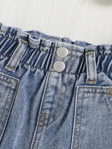 SHEIN 女嬰紙袋腰口袋貼布直筒牛仔褲 - 中等水洗藍 - 查看 6