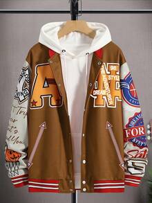 Manfinity 男士寬鬆版型大學外套,口號圖形和條紋飾邊 - 棕色 - 查看 2