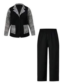 EMERY ROSE Plus Contrast Space Dye Panel Lapel Collar Blazer and Suit Pants