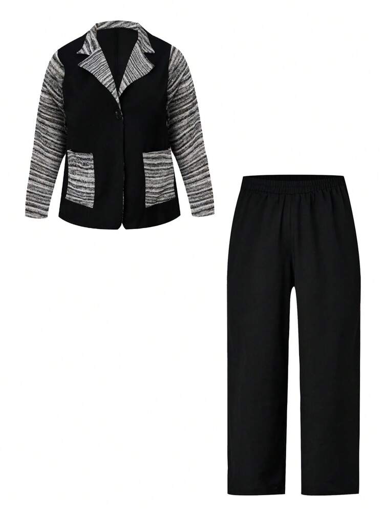 Plus Contrast Space Dye Panel Lapel Collar Blazer and Suit Pants