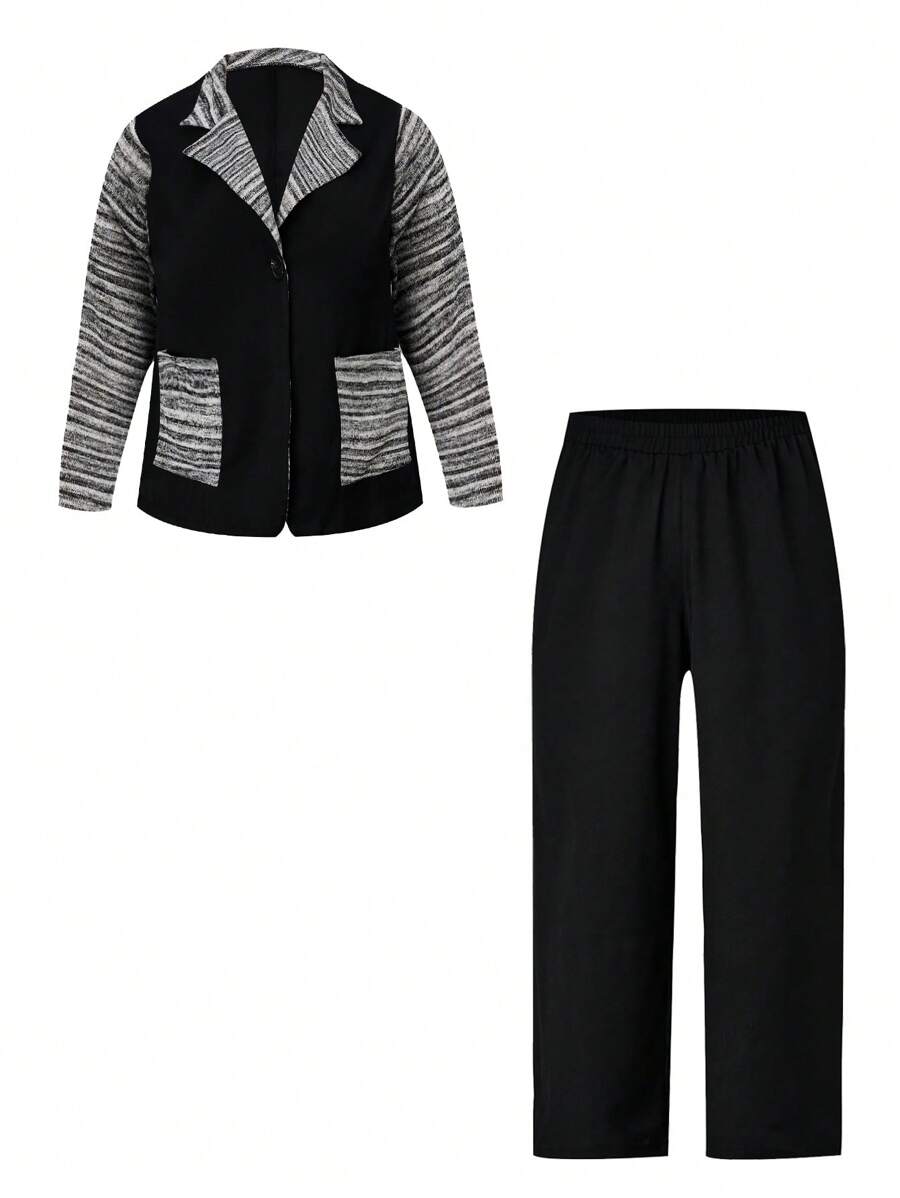 EMERY ROSE Plus Contrast Space Dye Panel Lapel Collar Blazer and Suit Pants