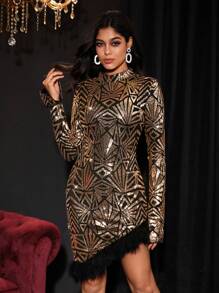 SHEIN Unity 毛茸邊亮片緊身洋裝 - 黑色 - 查看 4