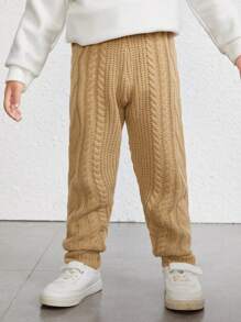 SHEIN 男小童休閒針織羅紋袖口運動褲在素色卡其色,濃烈香調和多用途,合適的適用於秋天和冬天