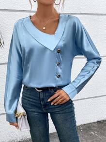 SHEIN Essnce Solid Button Detail Asymmetrical Neck Blouse - Blue - View 5