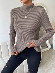 Chiquease Mock Neck Ribbed Knit Pullover Fall Winter Sweater - Mocha Brown - View 3
