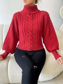SHEIN Essnce Turtleneck Cable Knit Lantern Sleeve Sweater - Burgundy - View 1