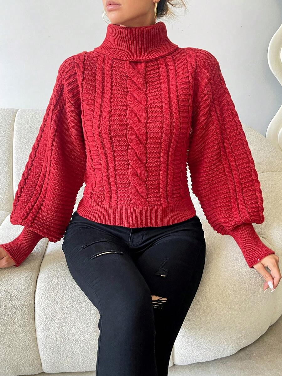 SHEIN Essnce Turtleneck Cable Knit Lantern Sleeve Sweater - Burgundy - View 1
