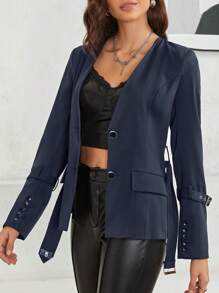 SHEINNeu Solid Button Front Belted Blazer