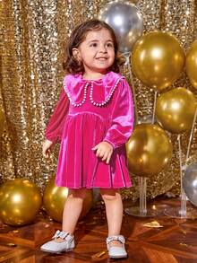 SHEIN Baby Girl Statement Collar Lantern Sleeve Velvet Dress - Hot Pink - View 9