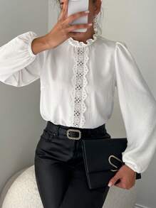 EURMUSE Schiffy Insert Lantern Sleeve Blouse - White - View 1