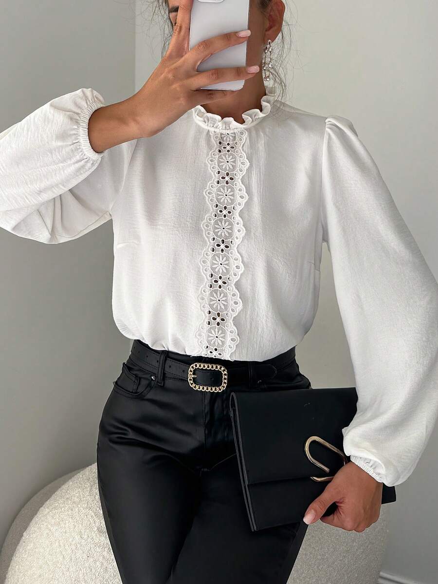 EURMUSE Schiffy Insert Lantern Sleeve Blouse - White - View 1