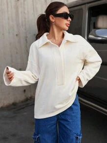 EURMUSE Solid Drop Shoulder Sweatshirt - White - View 4